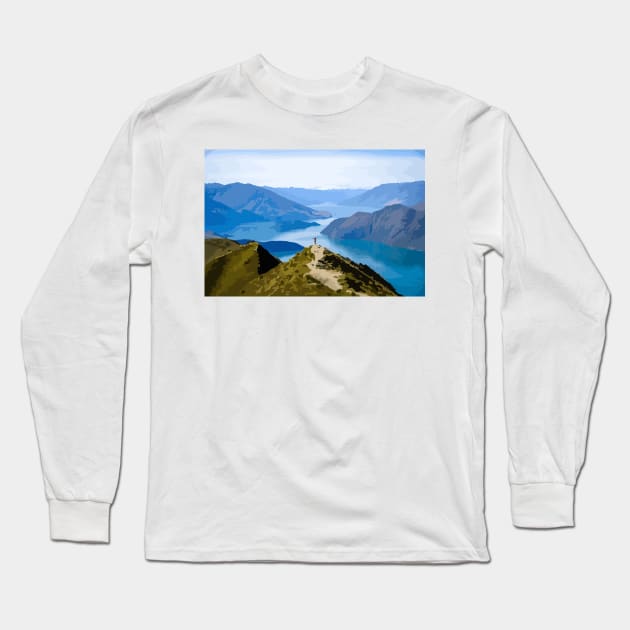 Roy's Peak Track Wanaka New Zealand Digital Painting Long Sleeve T-Shirt by gktb